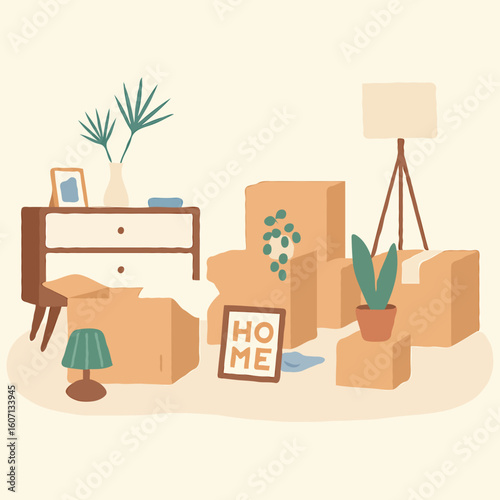 Cozy interior with moving boxes and home decor in warm colors  