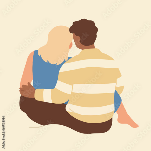 Couple sitting closely together, embracing in casual attire  