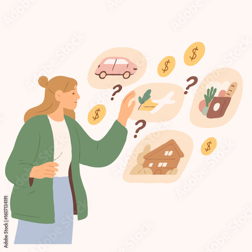 Young woman contemplating financial decisions with related icons  