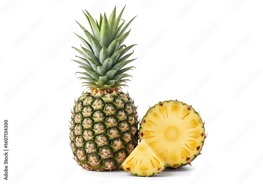 A whole pineapple with a slice and wedge isolated on white A whole pineapple with a slice and wedge isolated on white
