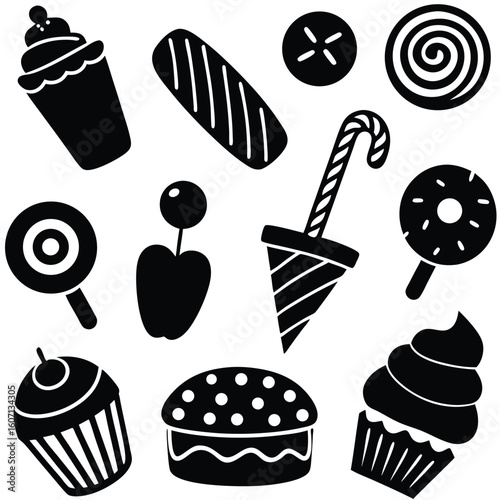 Sweet Temptations: A whimsical array of delectable treats, silhouetted in striking black, beckoning with their sugared allure. A feast for the eyes and a hint of sugary bliss.