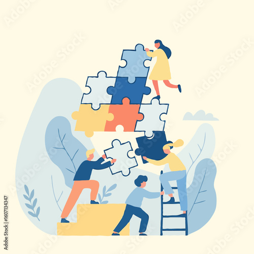 Team working together to assemble large colorful puzzle pieces  