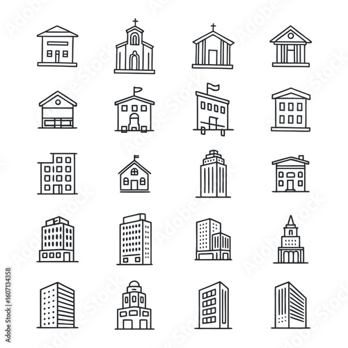 Minimal Line Icons Set of Buildings and Architectural Structures.

