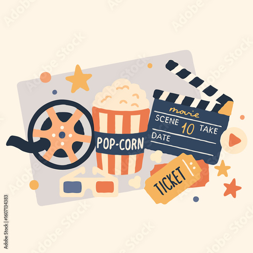 Movie snacks and film elements in colorful flat design  