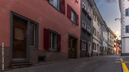 Sunset on the medieval streets in the center of Thusis in Switzerland