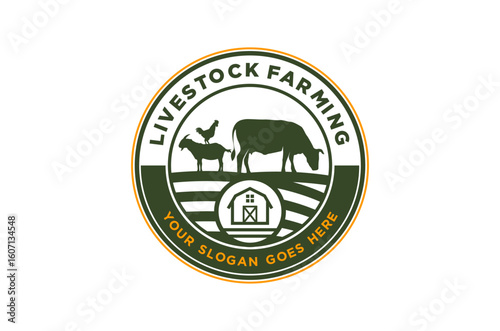 Farm animals logo design featuring a cow, goat, and rooster against a sunset backdrop. Vector illustration.