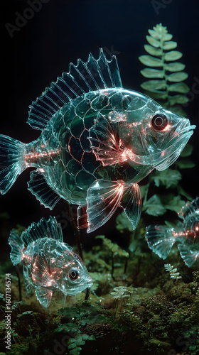 Artificial life blends with nature showcasing a translucent fish displaying circuitry in a vibrant underwater environment