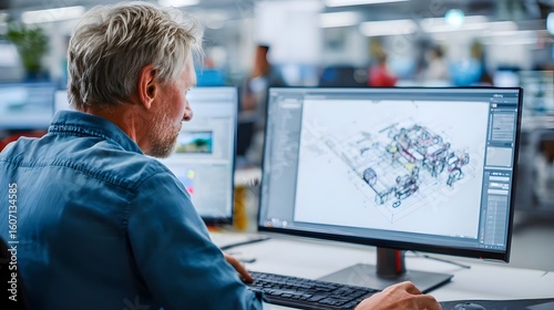 Mechanical engineer working on a 3D CAD model on a computer in a high-tech office. Concept : Engineering design, computer-aided design (CAD), technology, innovation, product development