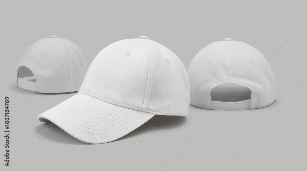 Fototapeta premium Blank baseball cap 4 view color white on white background 