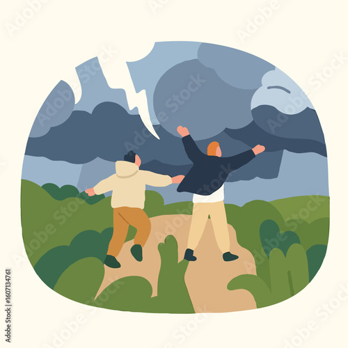 Two people enjoying a walk on a path amidst stormy skies  