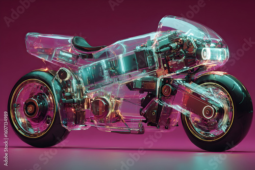 Futuristic transparent motorcycle showcases intricate design and modern technology in a vibrant, illuminated setting