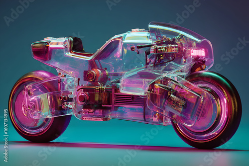 Futuristic transparent motorcycle showcases intricate design and modern technology in a vibrant, illuminated setting