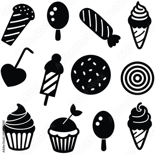 Sweet Treat Symphony: A delightful arrangement of various desserts and candies is presented in a graphic, minimalist black-and-white illustration, tempting viewers.