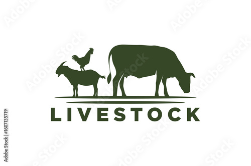 Livestock logo design silhouette animal Cow, goat, and rooster. Vector illustration.