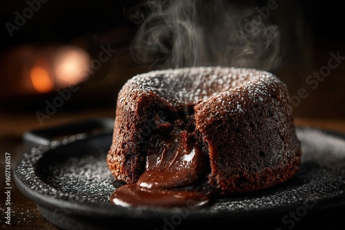 Steaming chocolate lava cake on a plate, dusted with sugar, molten center