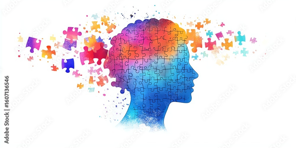 Fototapeta premium Colorful puzzle pieces forming a head, symbolizing ideas.