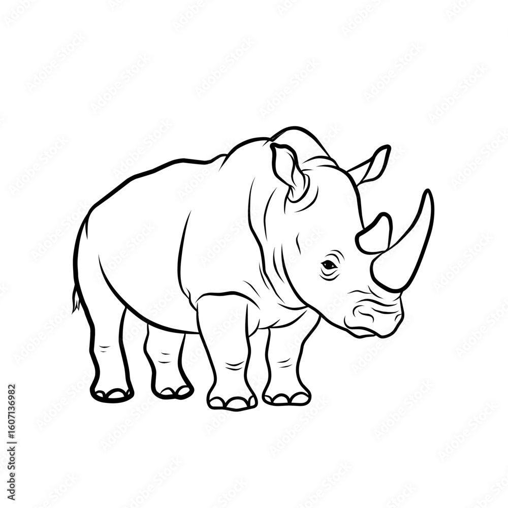 Obraz premium Detailed black and white outline vector illustration of a rhinoceros. Ideal for educational material, wildlife designs, and coloring page
