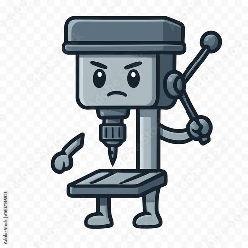 A cartoon drill press character with arms and legs, looking determined