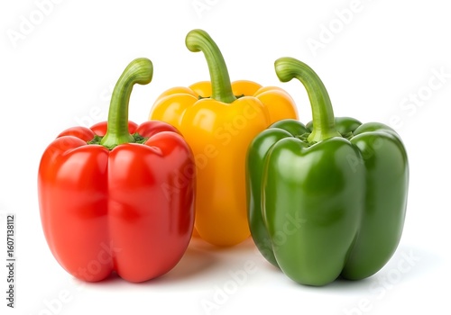 Red, yellow, and green bell peppers isolated on white