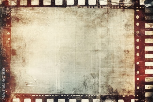 Aged film strip frame.  A textured, vintage-style film strip background.  Muted tones, with various marks, scratches, and stains across the surface.  An empty, central space