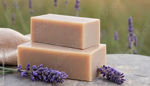 Two Beige Natural Soap Bars Stacked on Gray Stone with Lavender. 5