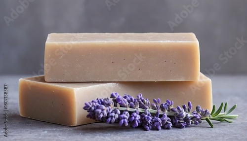 Two Beige Natural Soap Bars Stacked on Gray Stone with Lavender. 1