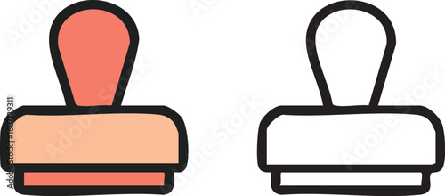 Two simple rubber stamp icons, one filled with color and the other a black outline, representing approval and official marks.