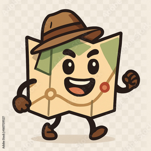 A cheerful, anthropomorphic map character with a wide smile and rosy cheeks, standing upright with arms outstretched in a welcoming gesture. 