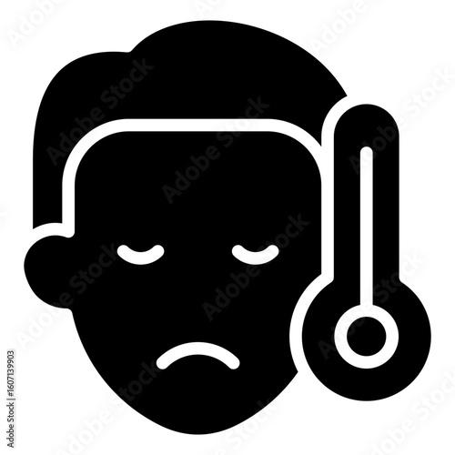 Fever Glyph Black Silhouette Icon Design Vector - Sad face with thermometer, indicating fever or elevated body temperature