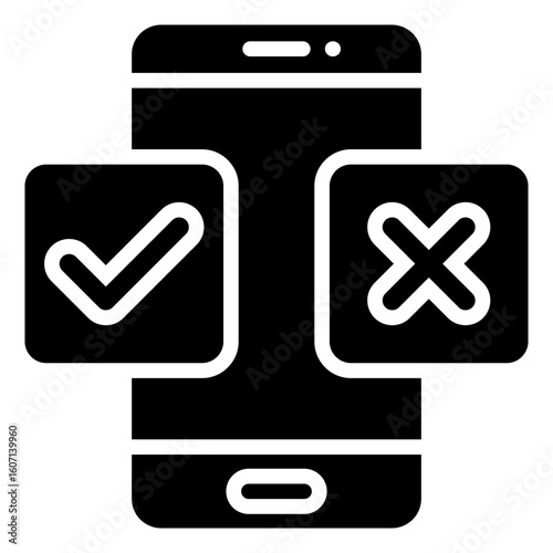 Mobile Voting Glyph Black Silhouette Icon Design Vector - Smartphone displaying check and cross choices, symbolizing app-based voting or decision system