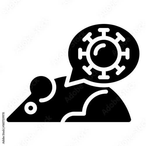 Rat Virus Glyph Black Silhouette Icon Design Vector - Mouse with a virus symbol above, depicting laboratory animal testing for disease research