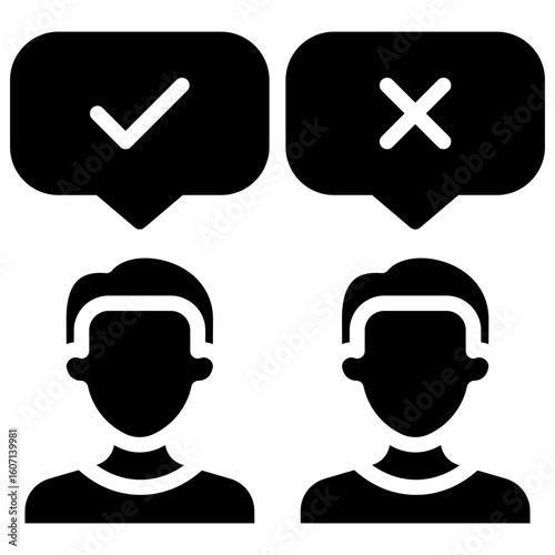 Opinion Choice Glyph Black Silhouette Icon Design Vector - Two people expressing agreement or disagreement through check and cross symbols in speech bubbles