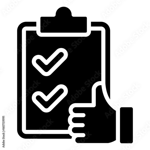 Task Like Glyph Black Silhouette Icon Design Vector - Clipboard with tasks and thumbs up, indicating completed tasks or user satisfaction with assignments