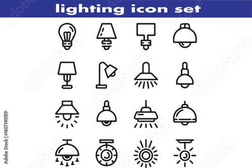 lighting outline icon set. ambient light, led strip, incandescent light, lamp, floor lamp.