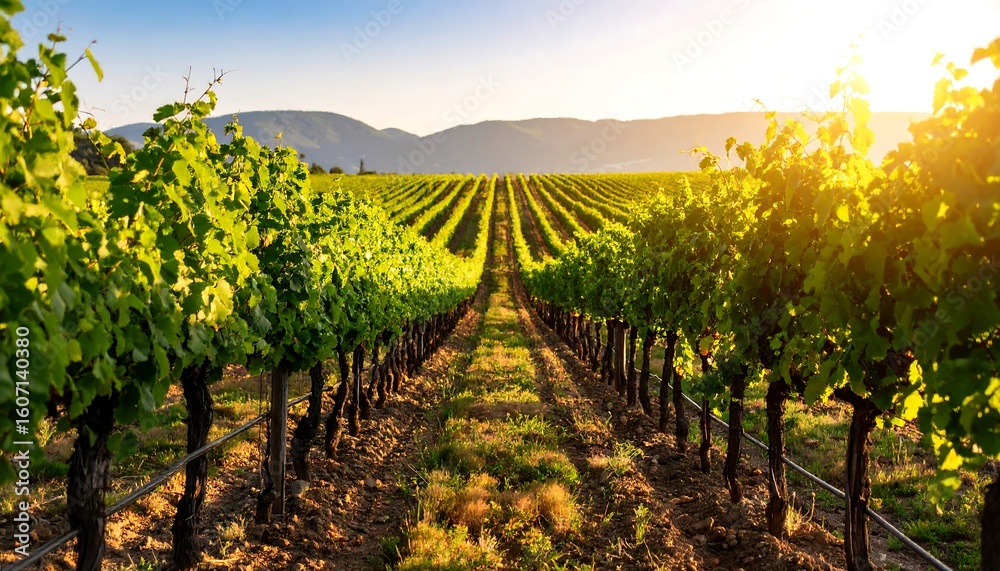 Naklejka premium Lush vineyard rows stretch to a golden sunset