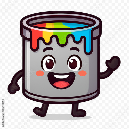 A cheerful cartoon paint can character with a happy face and arms, featuring vibrant, rainbow-colored paint dripping over its rim.