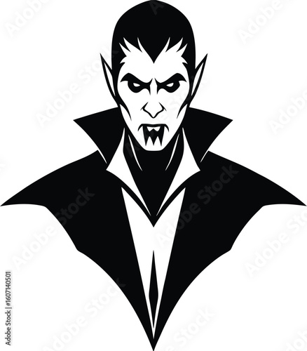 Minimalist vampire silhouette with cape and fangs isolated on transparent background