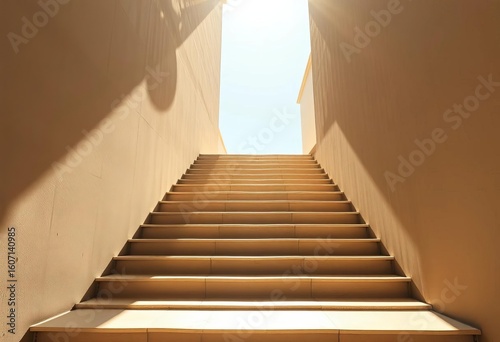 Sunlight streams onto ascending steps; shadow contrasts with bright landing,  concrete,  sunlight