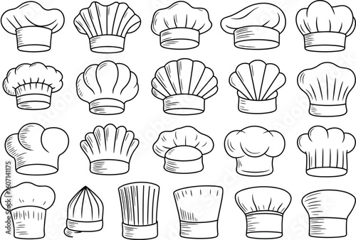 Hand Drawn Vector Set of Chef Hat Illustrations, Kitchen and Culinary Cap Designs, Professional Cooking Hat Collection for Restaurant Branding
