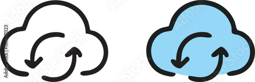 Cloud sync icons with circular arrows for data transfer, upload, and download, shown in outline and color versions.