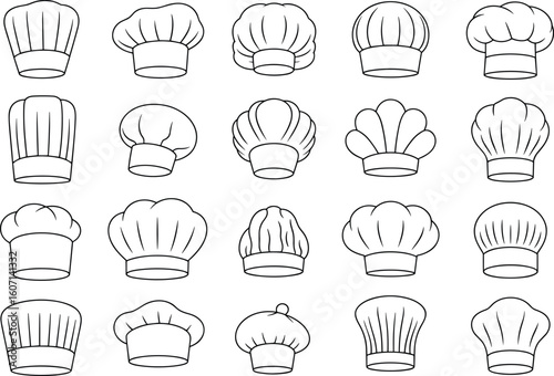 Set of Chef Hat Line Icons, Professional Cooking Cap Collection, Culinary Headwear Vector Illustration for Restaurant, Kitchen, and Food Design