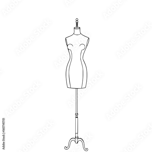 Tailor's Dress Form: A simple line art illustration of a classic dress form on a tripod stand, showcasing its elegant silhouette and minimalist design.