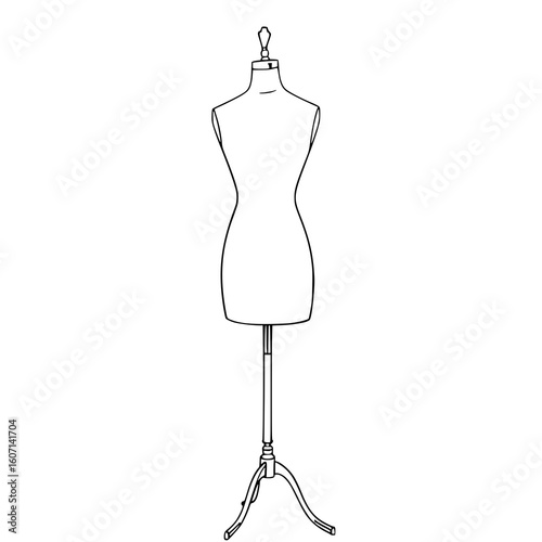 Tailor's Dummy: A classic line art illustration of a vintage dress form on a tripod stand, showcasing its elegant silhouette and simple design.