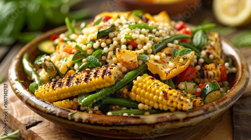 A summery bowl filled with grilled vegetables such as corn summer squash and green beans tossed with Israeli couscous and drizzled with a light lemon dressing.