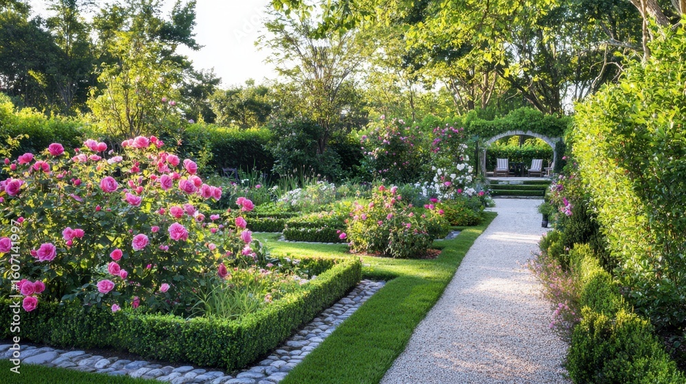 Obraz premium Serene Garden Pathway with Colorful Flowers and Lush Greenery