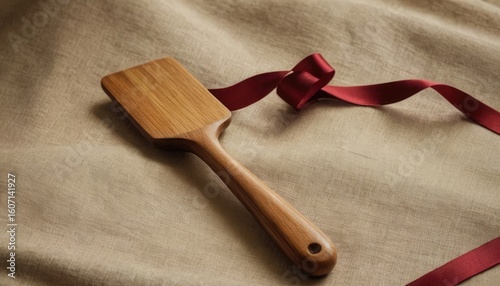Wooden Spatula Set on Linen Napkin with Ribbon. 7