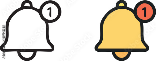 Two notification bell icons, one outlined and one colored, each showing a single new alert or message.