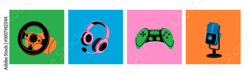 Video games posters. Pink controller or joystick, headphones, microphone,  steering wheel. Entertainment and recreation. Advertising of gaming club, room. Devices for modern entertainment