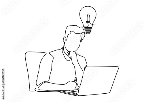 Man with a light bulb, thinking about something while looking at a laptop. Logo in Line Art. line icon-continuous line drawing. Editable stroke.