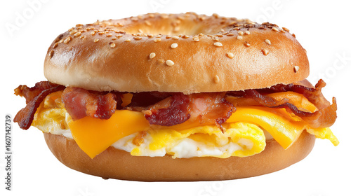 A bagel breakfast sandwich with cheese and bacon isolated on white background